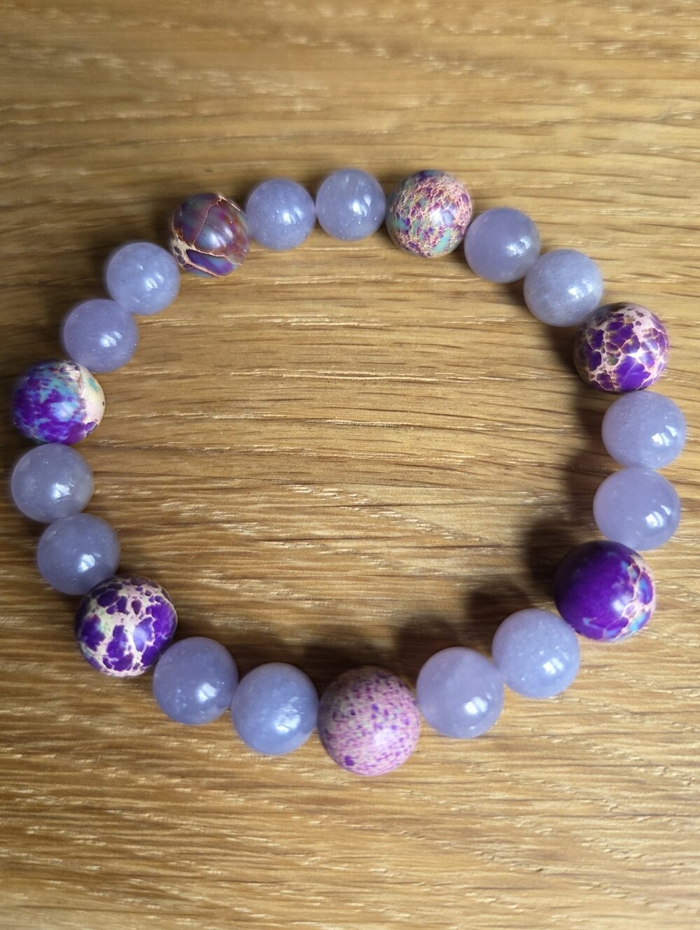Hand Crafted Lavender Lepidolite and Sea Sediment Jasper Beads Stretch Bracelet - Picture 6 of 11